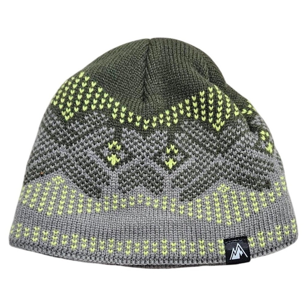 Mountain Peak Beanie Hat Grey Neon Green Fair Isle Fleece Lined OSFM RN135004